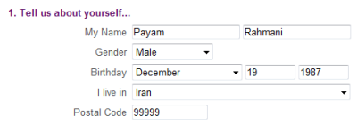 نمونه پر شده قسمت اول فرم ثبت نام ایمیل یاهو